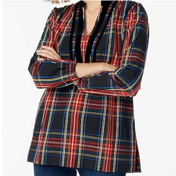 J.Crew Velvet-trimmed V-neck tunic in black Stewart Tartan S - Picture 2 of 7